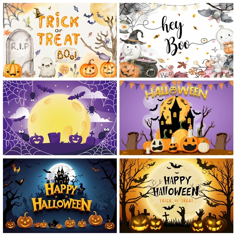 

Happy Halloween Backdrop Horror Castle Full Moon Scary Night Halloween Background Skeleton Pumpkin Kids Cosplay Supplies Banner