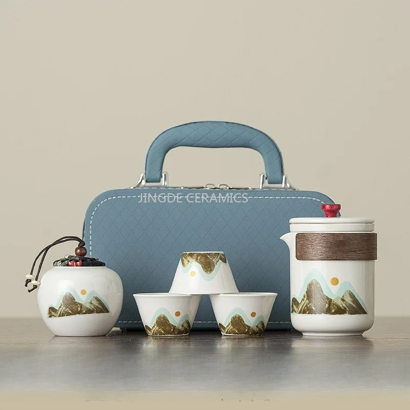 Ceramic Travel Tea Set, (1 Teapot,3 Cups) Portable Set, Camping Kung Fu Tea Cup Set, Chinese Style Tea Ceremony Accessories