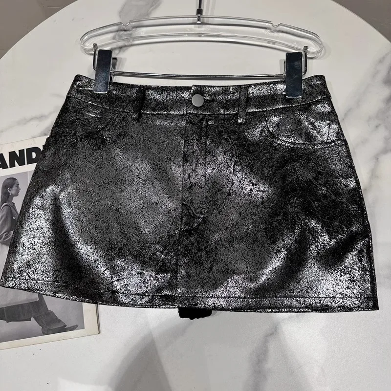 Autumn Silver Reflective Shiny Patent Pu Leather Mini Skirt Women High Waist Sexy Y2K Clothes 2000s Streetwear 2023 Korea