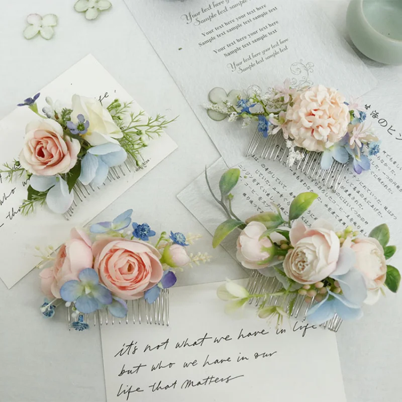 Tocado de flores artificiales, decoración de dama de honor, accesorios para el cabello de novia, rosa y azul