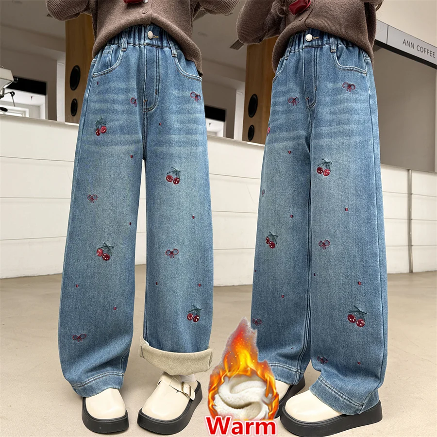 

Winter Child Straight Leg Thermal Jeans with Cherry Embroidery For Tween Girls Warm Blue Denim Pants Kids y2k Insulated Trousers