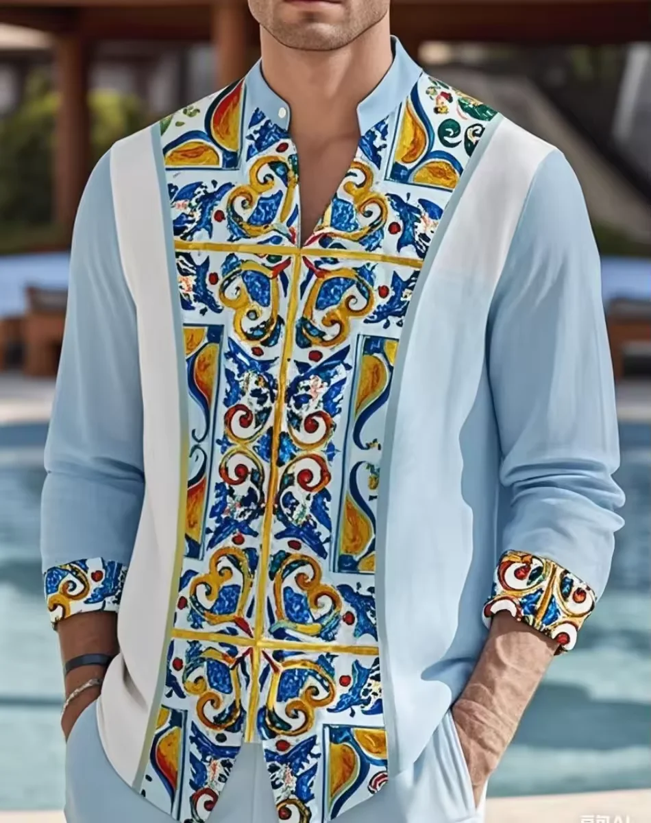 

New comfortable men's retro floral pattern printed shirt for spring and autumn, fashionable casual party long sleeve shirt