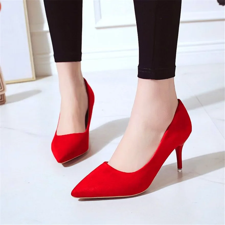 

Shallow Sexy Leopard Pumps for Women Office Black High Heels Elegant Solid Flock Pointed Toe Red Wedding Dress Shoes 2025 Autumn