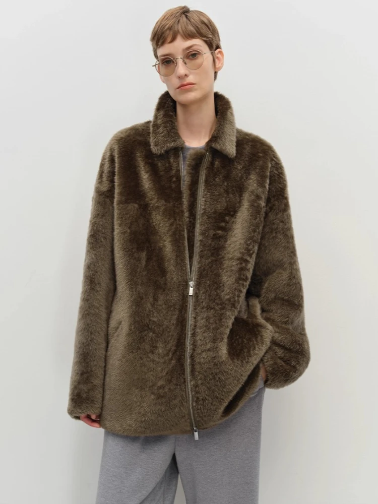 

High-end Luxury Natural Lamb Fur Shearling Jackets for Women Simple Soft Loose Mid-length Winter Genuine Leather Real Fur Coat