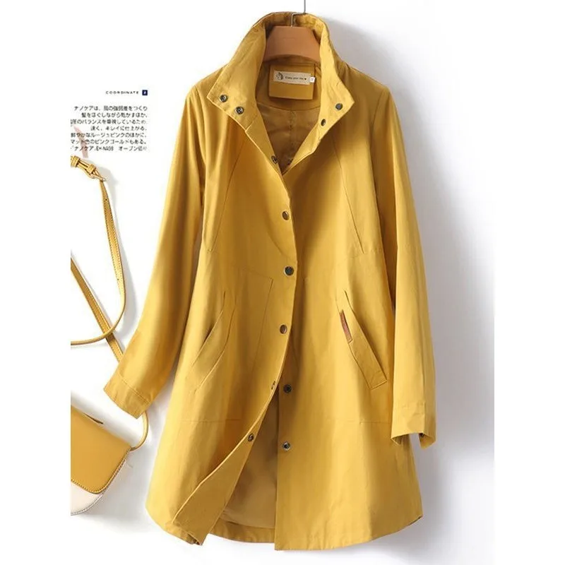 

Women Clothing Stand Collar Mid Long Trench Coat Spring Autumn 2026 New Long-sleeved Casual Pocket Windbreaker Female Outerwear