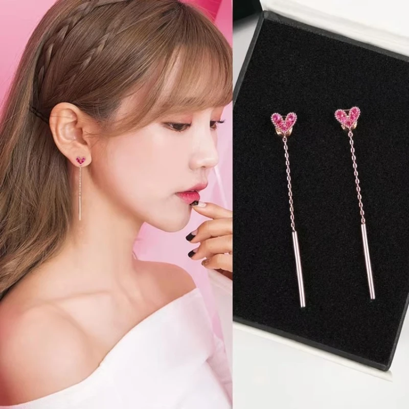 925 Sterling Silver Long Heart  Earrings For Women  Trend Personality Lady Fashion Jewelry
