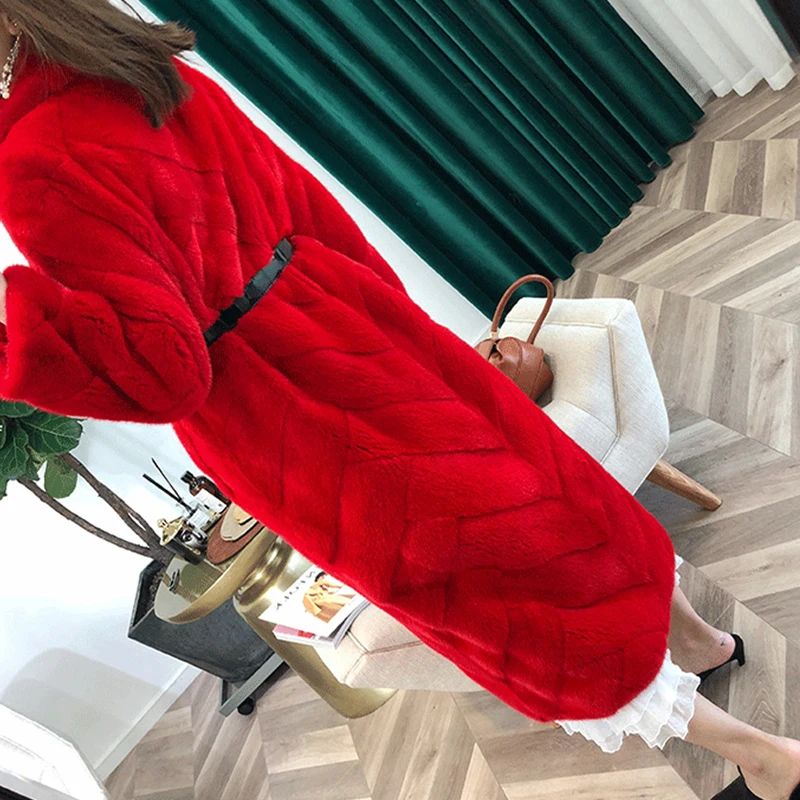 Ftangaiur 新冬輸入ベルベットミンクファーコート 長袖 レディース ターンダウンカラー 無地 エクストラロング 天然ミンクファーコート