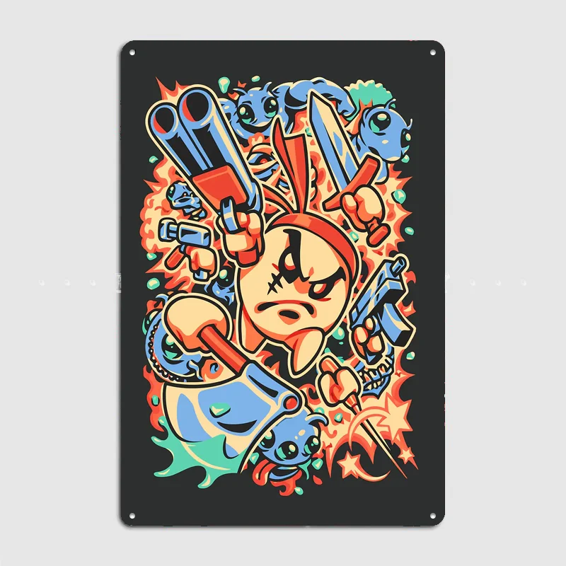 Angry Bunny Warrior with Guns and Sword Metal Poster Sign Customized Posters Bar Club Custom Wall Decor Room Decor Home Decor