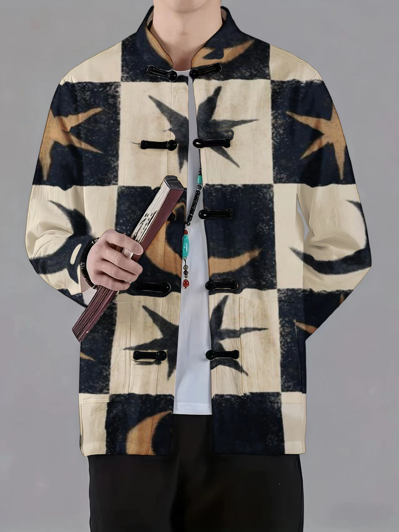 Men Mandarin Collar Frog Button Jacket Check Moon Star Bamboo Pine Landscape Art Print Traditional Outerwear view 5