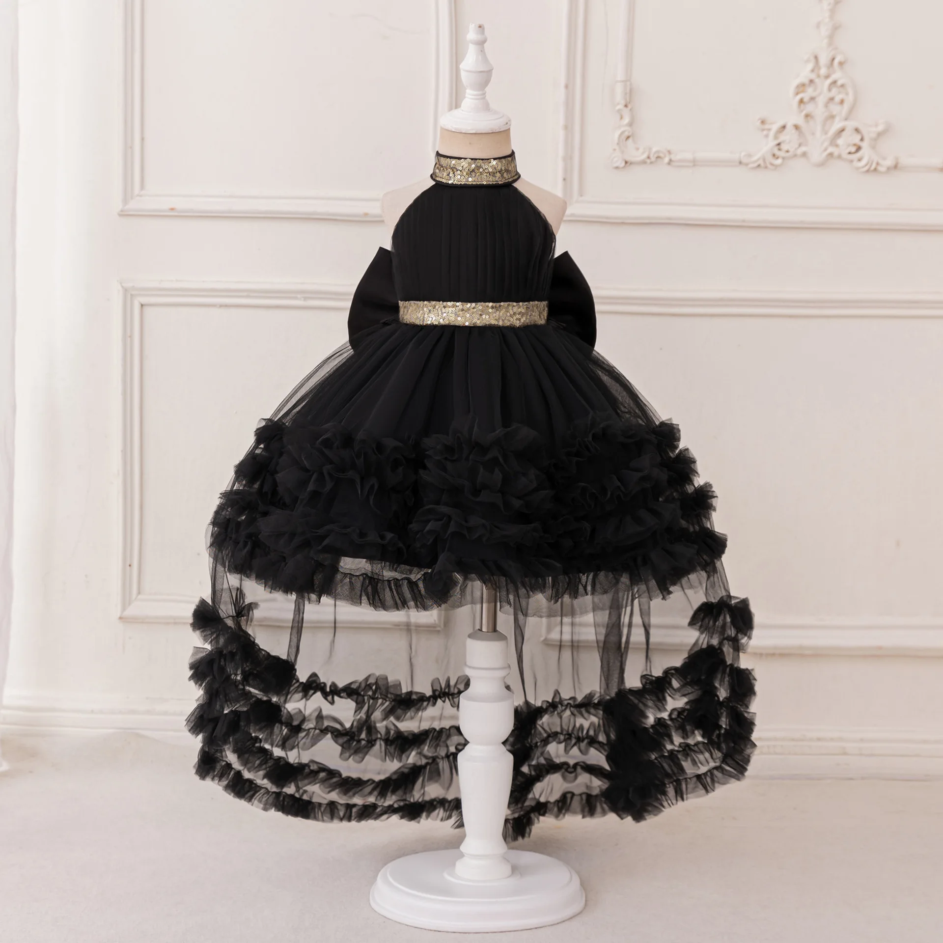 Girls evenin 2026 new black princess dress children's neck trailing cake girls dance
