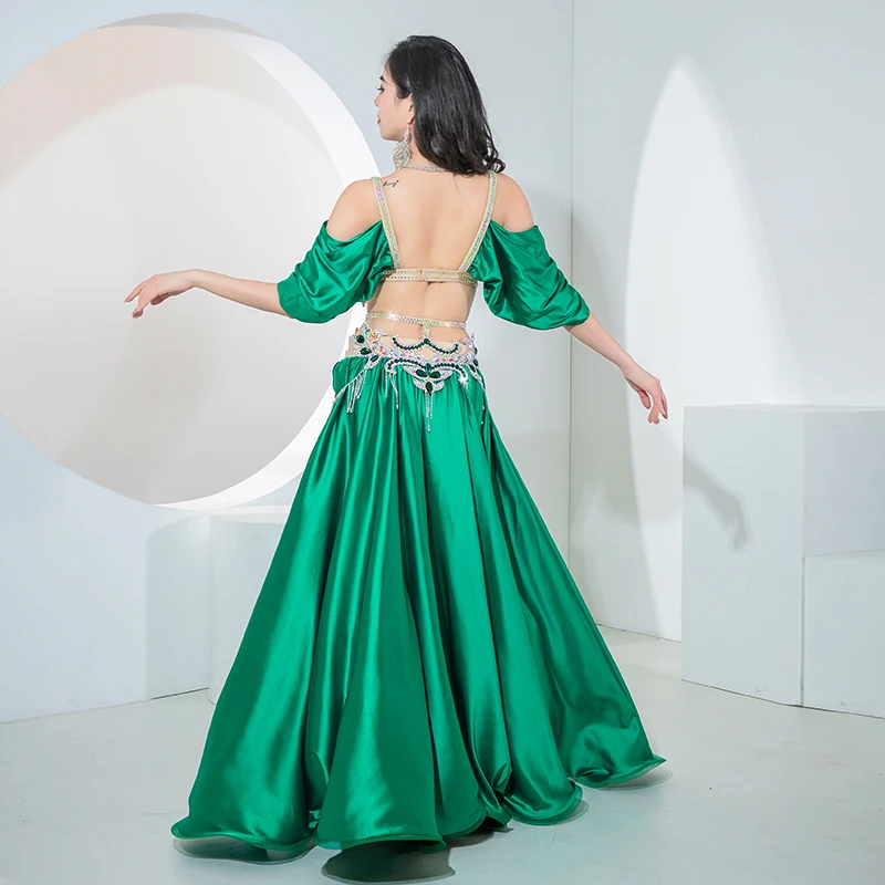 Belly Dance Performance Suit Senior AB Stones Bra+satin Split Long Skirt 2pcs for Women Oriental Belly Dancing Popsong Suit