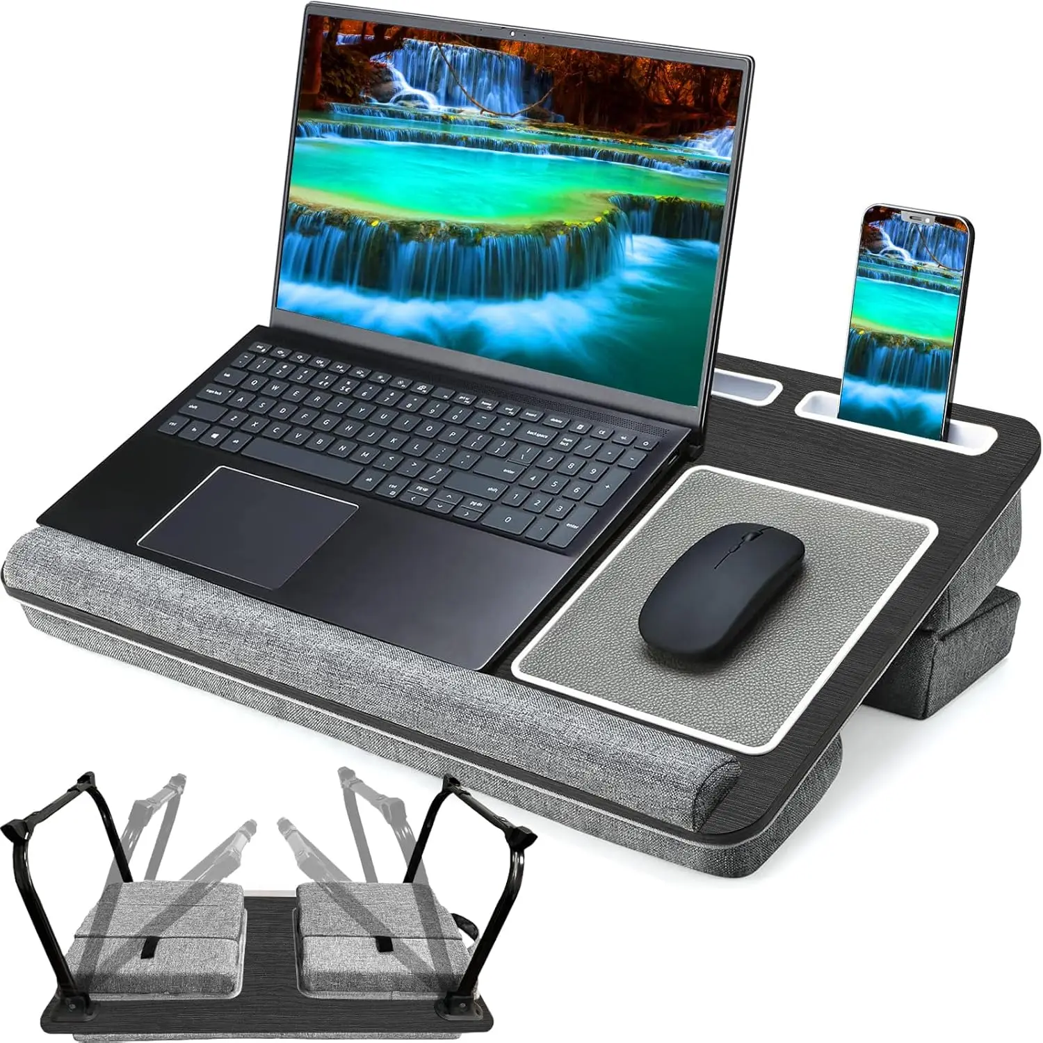 

17In Foldable Laptop Bed Tray Table with Adjustable Wrist Rest & Mouse Pad, Portable Wood Stand for Bed Sofa
