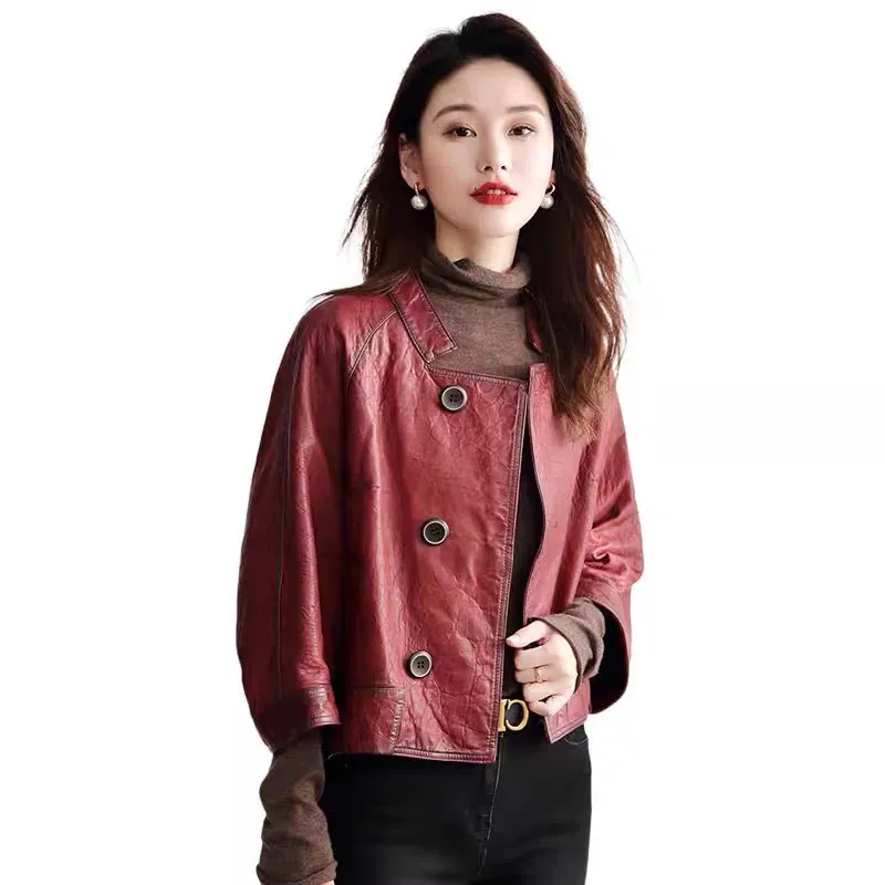 Spring Autumn New PU Leather Short Jacket Windbreaker Women Fashion Vintage Wine Red Leather Coat Loose Jackets Female Outwear