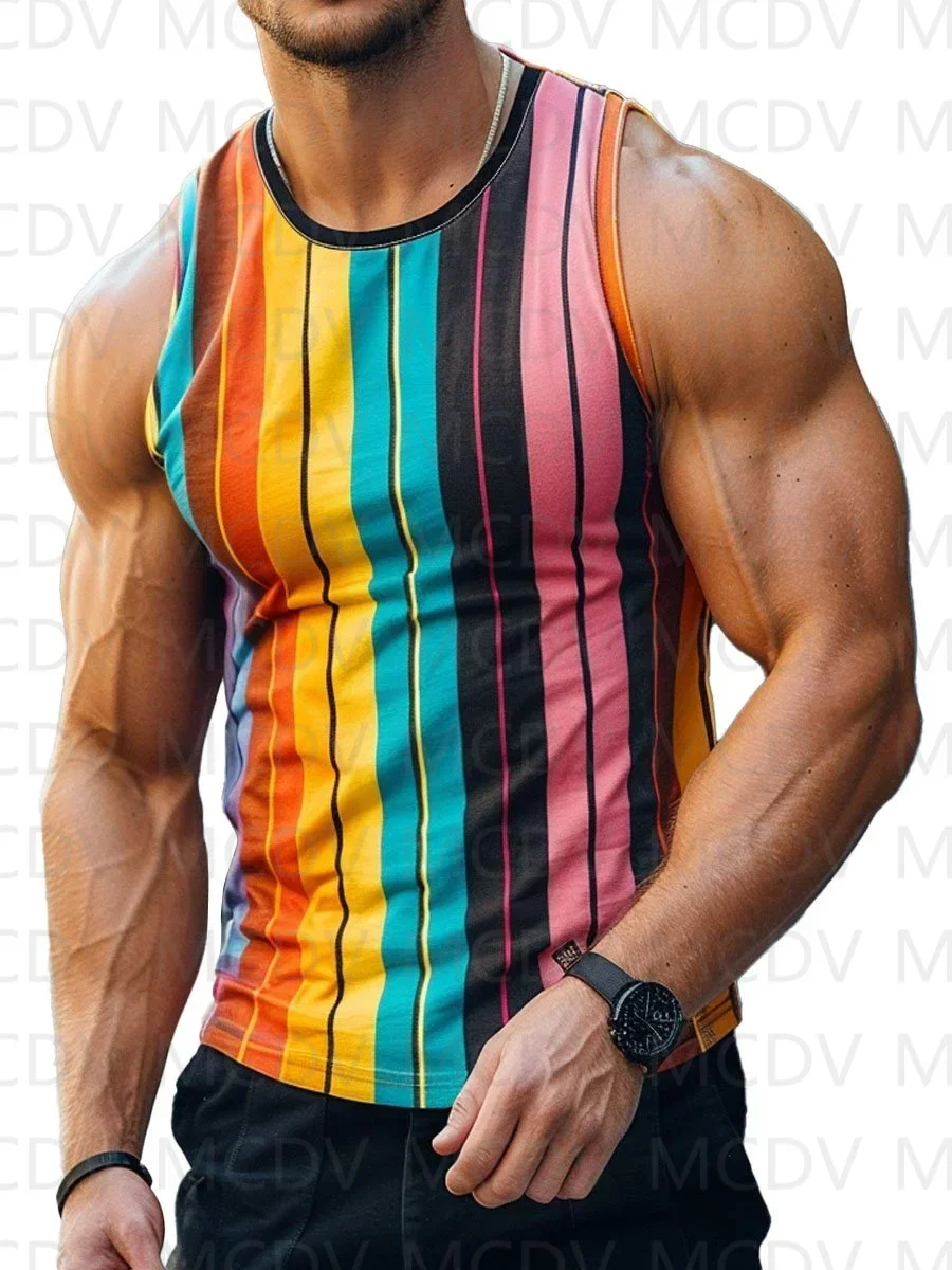 Men's Vertical Stripes Colorful Print Round Neck Casual Tank Top 3D Printed Tank Tops Men Summer Tops