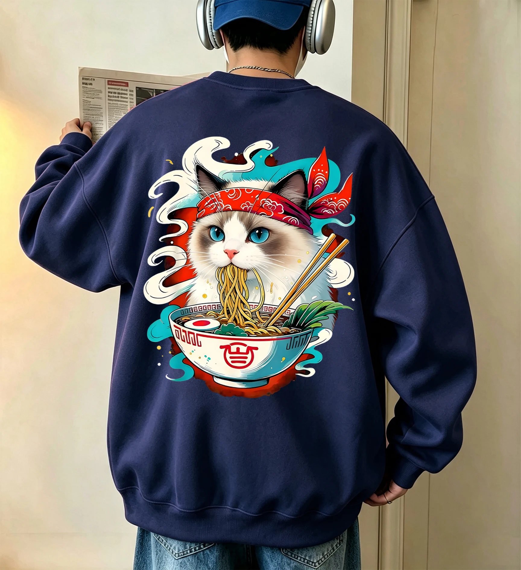 Katze kämpft mit Lamian-Nudeln bedruckter Herren-Fleece-Pullover, Vintage, lässig, langärmelig, Unisex, locker geschnittenes Basic-Sweatshirt – Detail 5