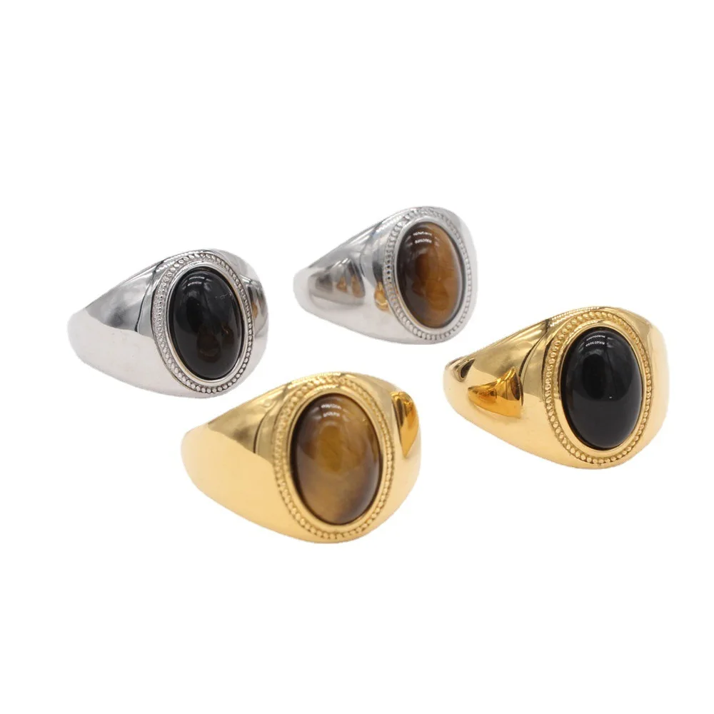 

European and American Fashion Simple Oval Gem Stainless Steel Cool Wind Rings Size 7-12