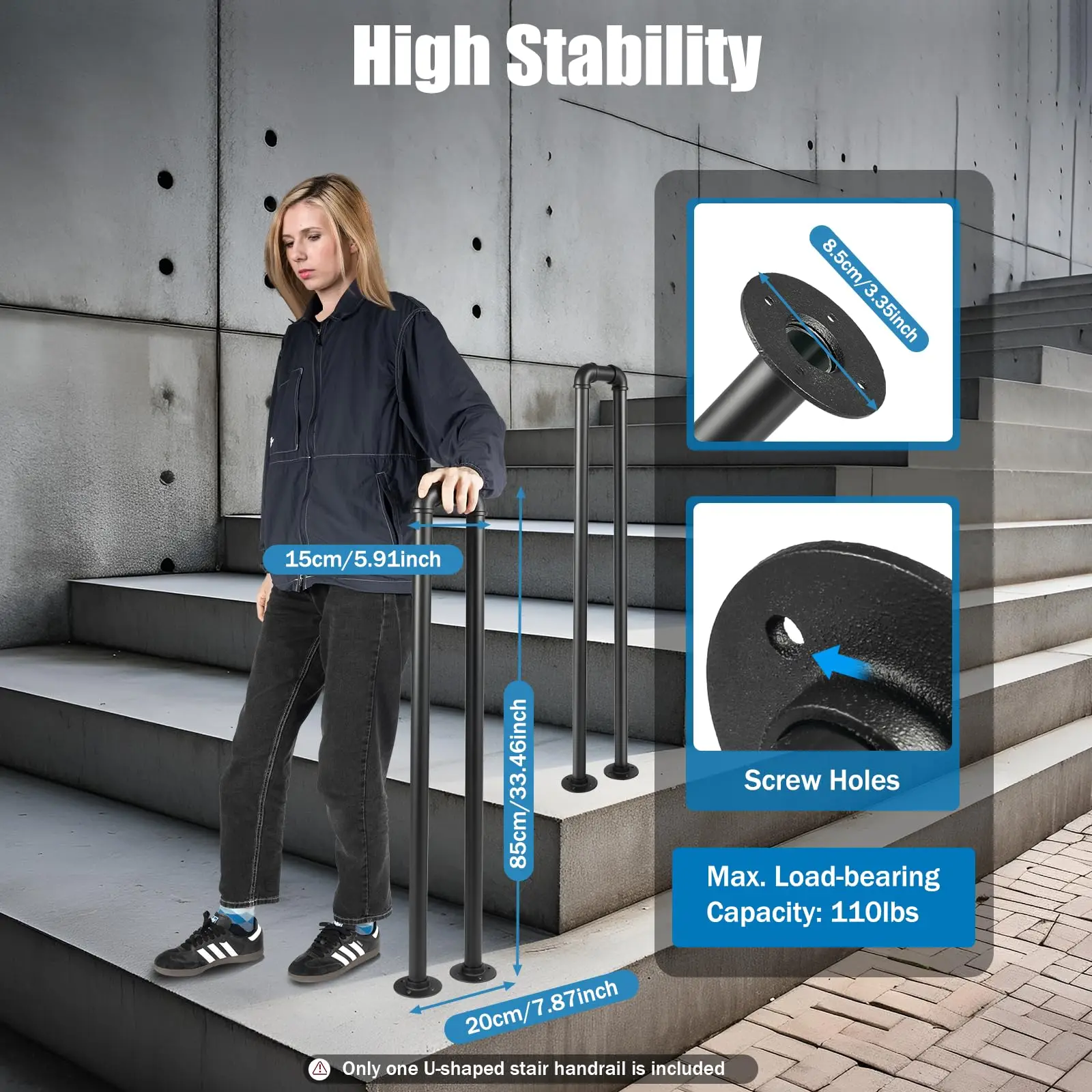 Corrimão de escada preto fosco em forma de u corrimão de ferro forjado industrial antiderrapante segurança interior ou exterior suporte para crianças idosas