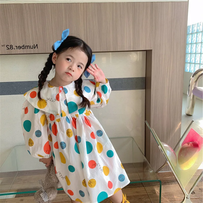 Spring Autumn Girls\' Long-Sleeved Lapel Dresses Children\'S Colorful Balloon Dress 3-7 Years Old Baby Kids Clothes Sweet Dress