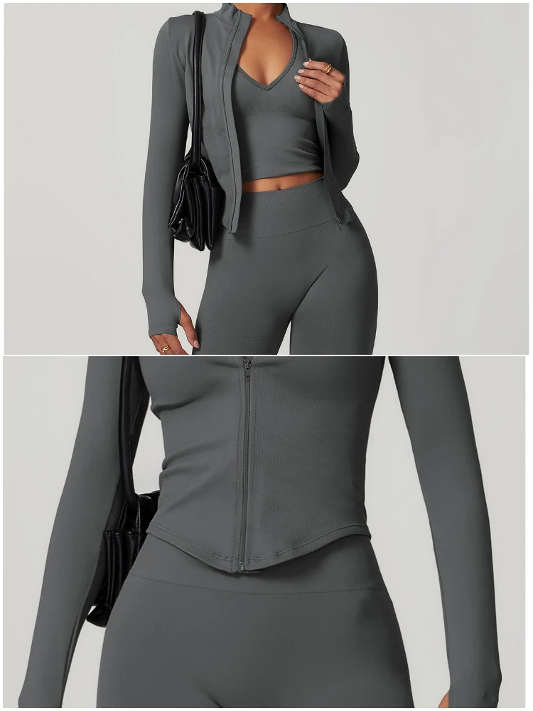 VITALINOVO Damen Cropped Running Workout Jacken mit Reißverschluss, schmal geschnittene Sportjacken mit Daumenlöchern, nahtlose, dehnbare Trainingsjacken – Detail 8