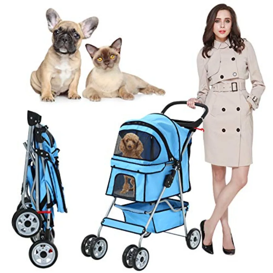 

Travel stroller for small/medium dogs cats, blue polyester fabric, lightweight folding design with 4 wheels, storage basket, br
