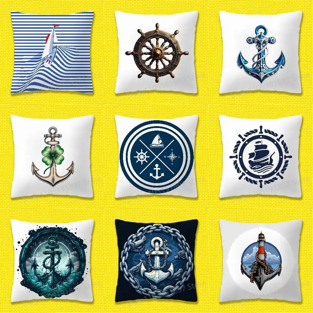 

Anchor Boat Ship Wheel Compass Logo Throw Pillow Case For 45*45cm 40cm 55cm 50cm 30cm Square Car Pillowcase Shell