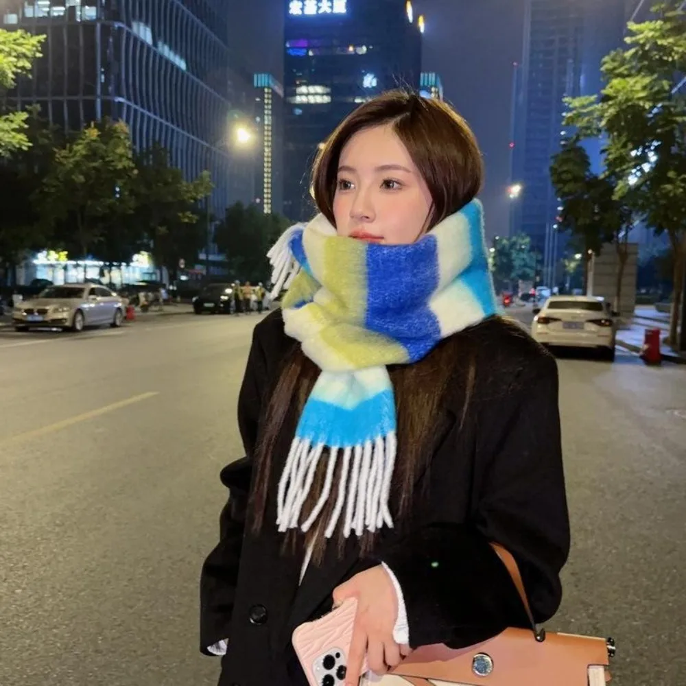 

Casual Colorful Stripe Mohair Shawl Coldproof Korean Style Long Tassel Scarf Thicken Neckerchief Winter Wool Scarves Ladies