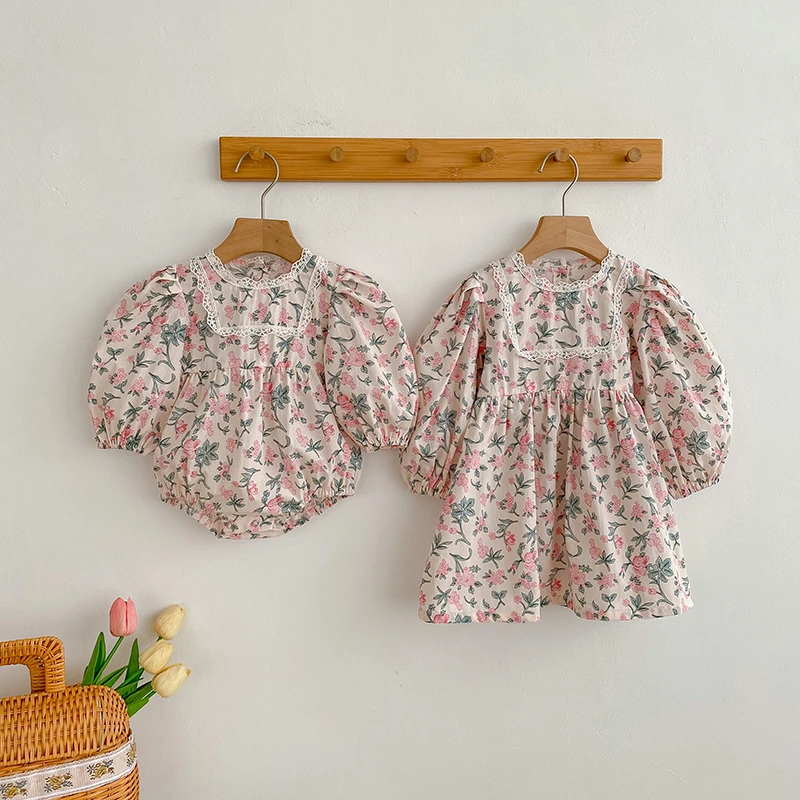 Printed Girls Sister Clothes Kids Long Sleeves Dress Infant Baby Girls Floral Rompers Jumpsuit Spring Autumn Girls Party Costume