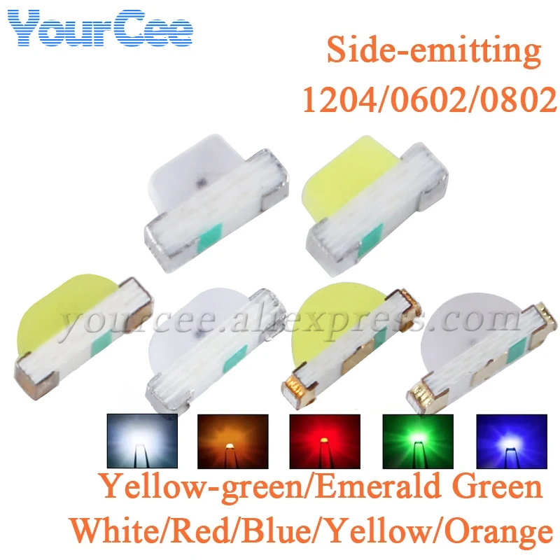100 pz Diodo a emissione laterale 1204 0602 0802 SMD LED Giallo-verde Verde smeraldo Bianco Rosso Blu Giallo Arancione Emettitore di luce laterale