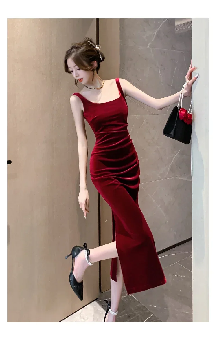 

Sexy Backless Vintage Luxury Velvet Midi Dresses for Women Autumn Winter Fashion Slim Split Female Clothing Elegant Party