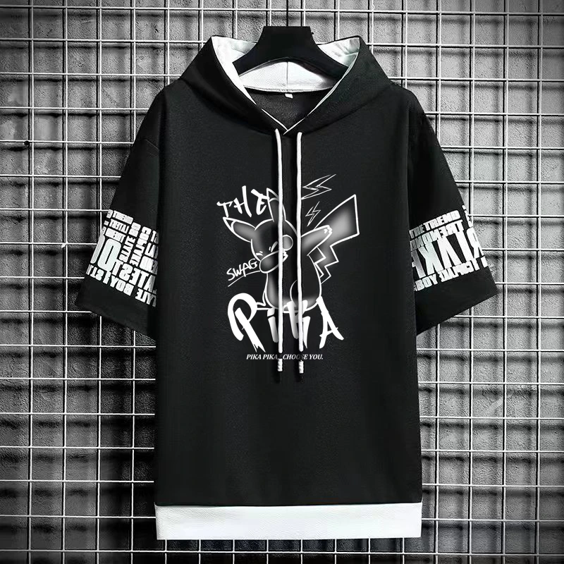 Man Summer Short Sleeve Hooded Graphic T Shirts Harajuku Cartoon Anime Shirt Japanese Streetwear Tees Casual Men Clothing 2024