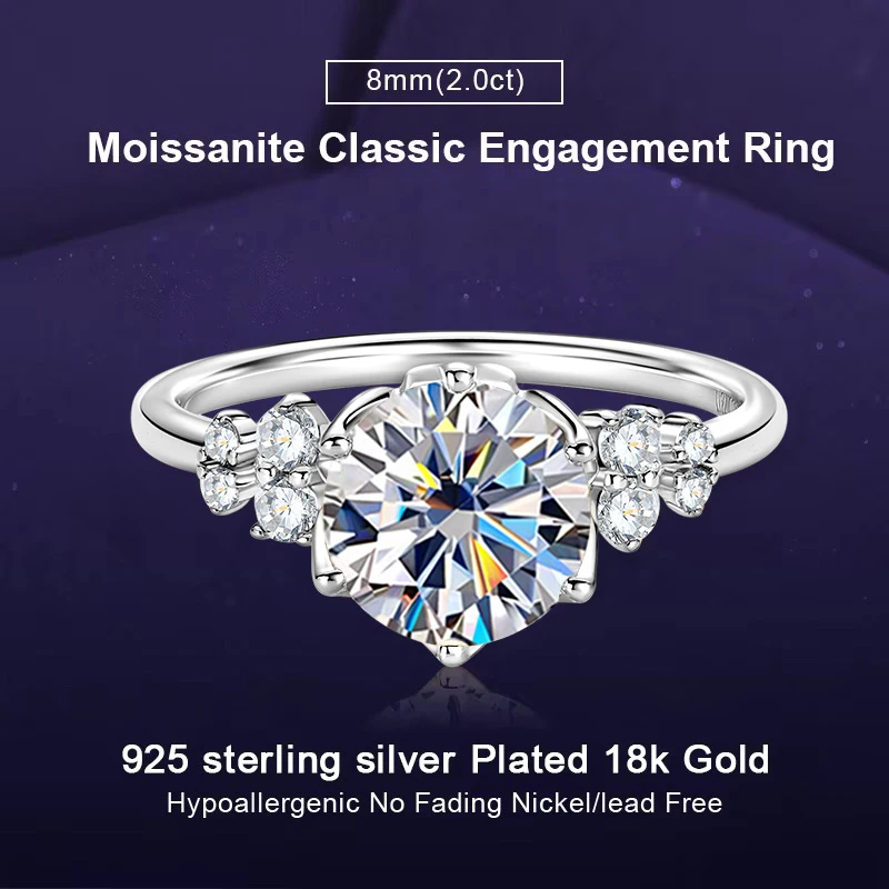 

IOGOU 8MM 2Carat Moissanite Diamond Engagement Ring with Certificate 925 Sterling Silver for Women Luxury Wedding Fine Jewerlry