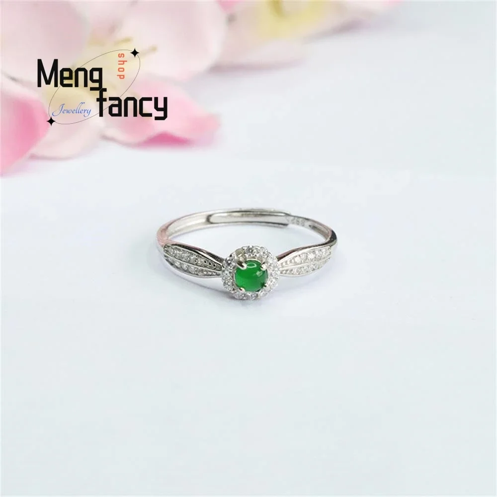 

S925 Silver Inlaid Natural Jadeite Yang Green Ice Seed Spicy Ring Exquisite High-grade Couple Promise Luxury Fashion Jewelry