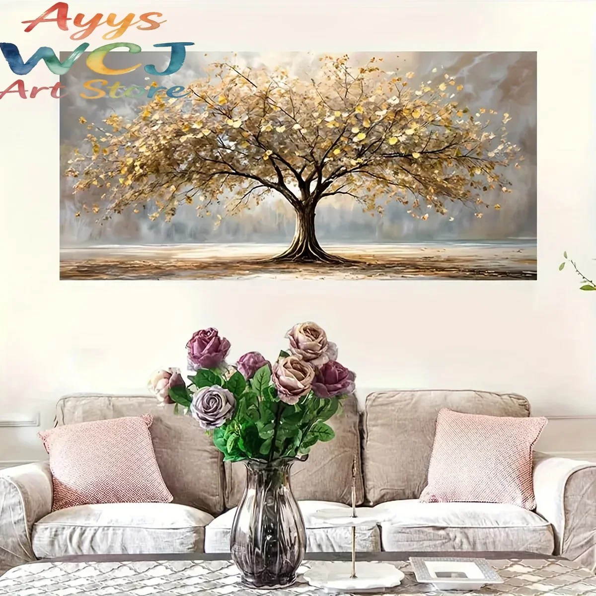 1 pièce, doré et beige, décoration moderne pour salon, art mural apaisant, peinture murale élégante, sans cadre