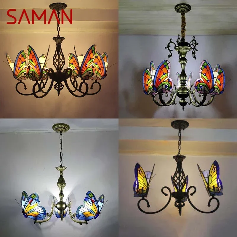 SAMAN Tiffany Butterfly Chandelier LED Vintage Creative Color Glass Pendant Lamp Decor for Home Living Room Bedroom Hotel