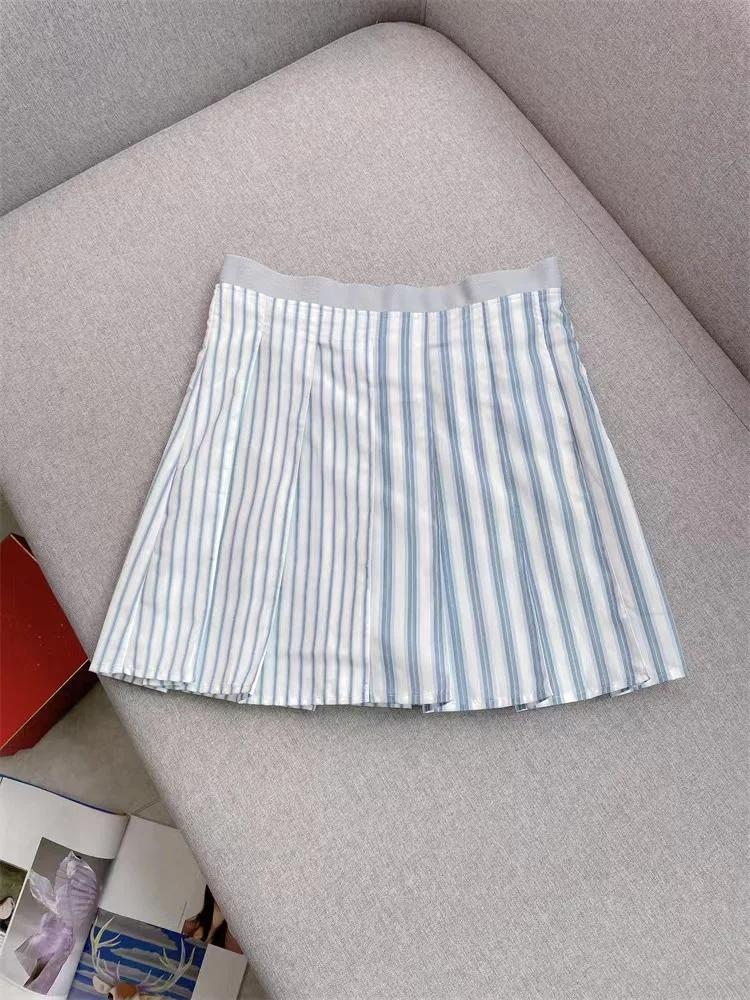 Early Autumn New Fashion Contrast Color Stripe Set Women Casual Single breasted Polo Collar Shirt or Mini Pleated Skirt 2024