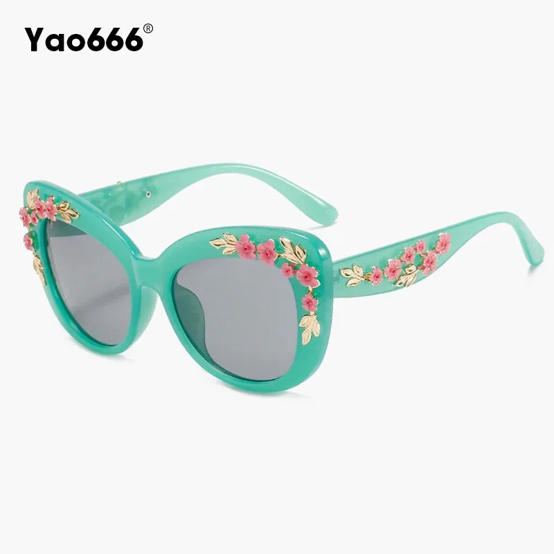 New Rose Fancy Decorative Eyewear Fashion Retro Design Flower Sunglasses Women Vintage Metal Pink Flores Cat Eye Sun Glasses