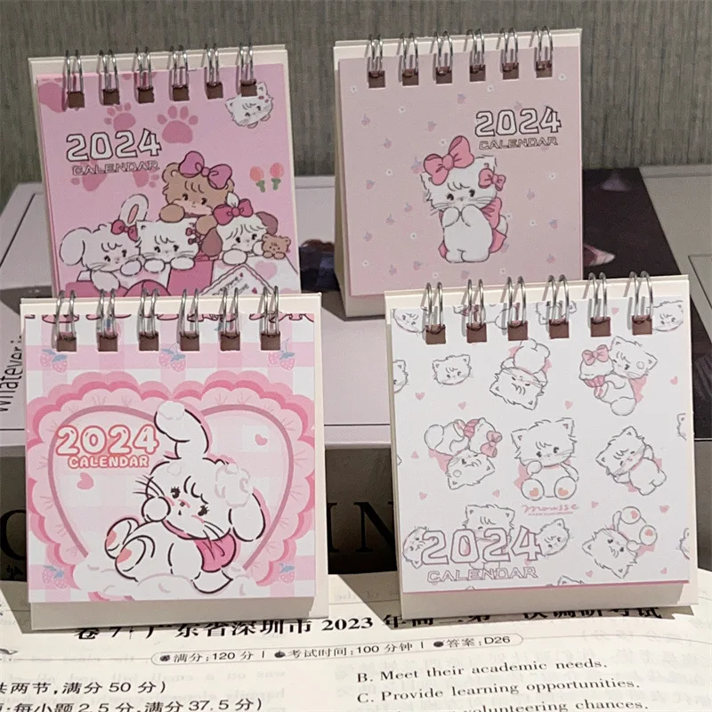 2024 Cartoon Pink Cat Desk Calendar Mini Cute Standing Flip Desktop Calendar Small Daily Planning Monthly Calendar For Home