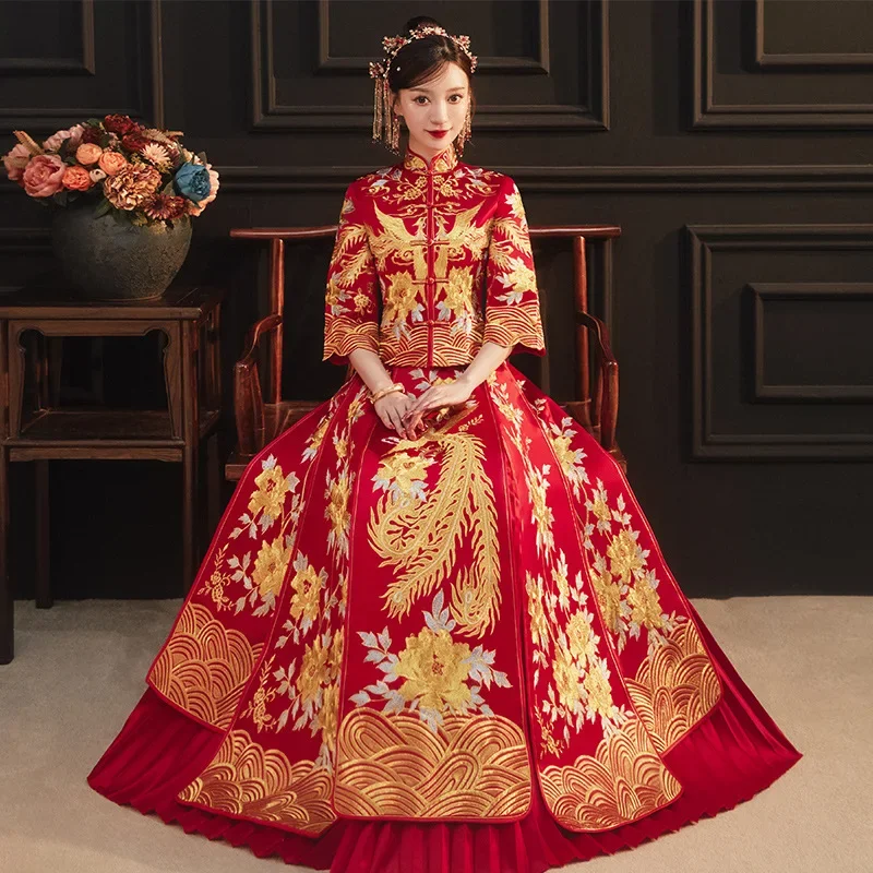 

Wedding Bride Xiuhe Vintage Button Qipao Embroidery Toast Clothes Traditional Chinese Dress Women Elegant Slim Cheongsam