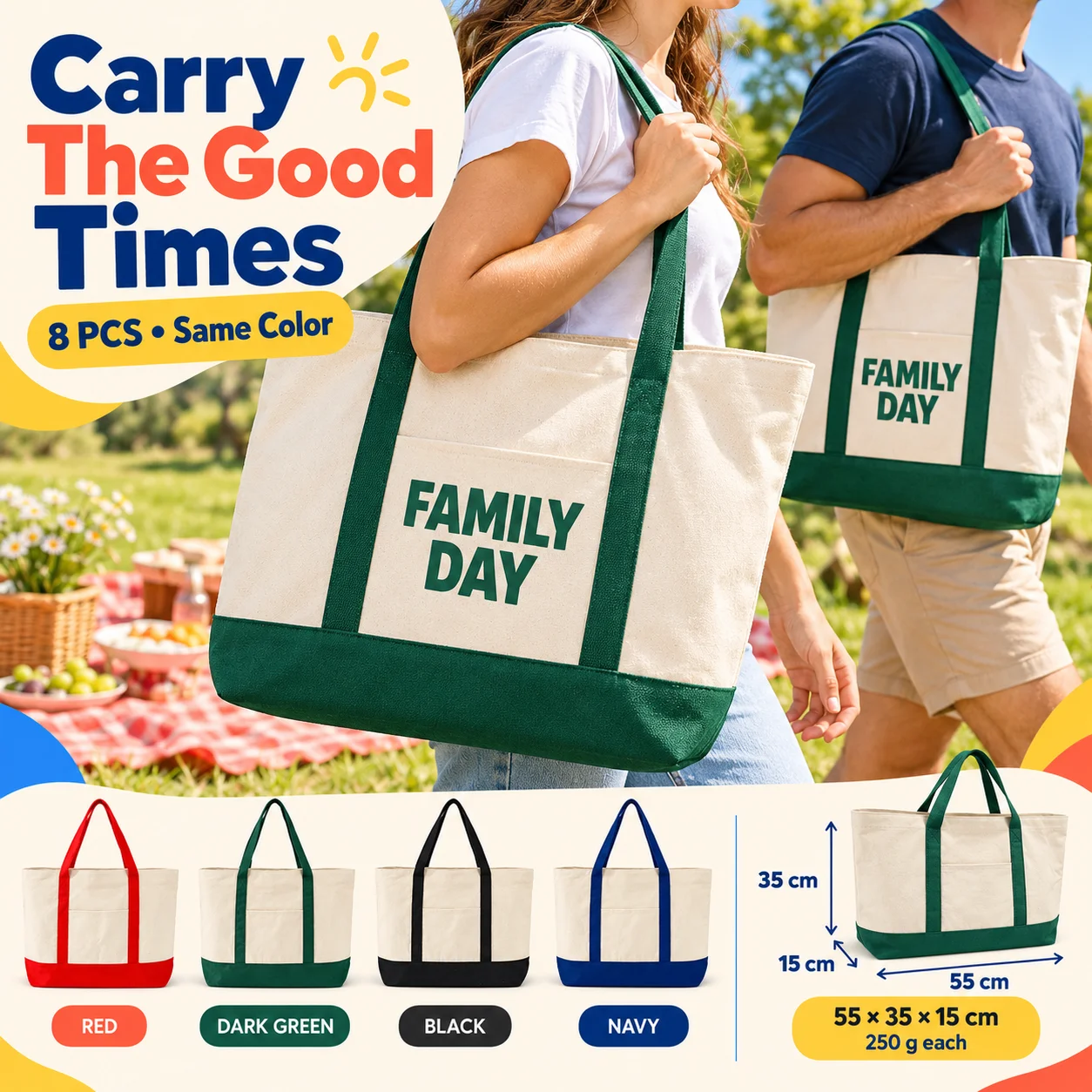8pcs Large Custom Canvas Totes Contrast Trim Same Color Set Personalized Logo Bags Bulk Team Gifts Reusable Christmas Presents