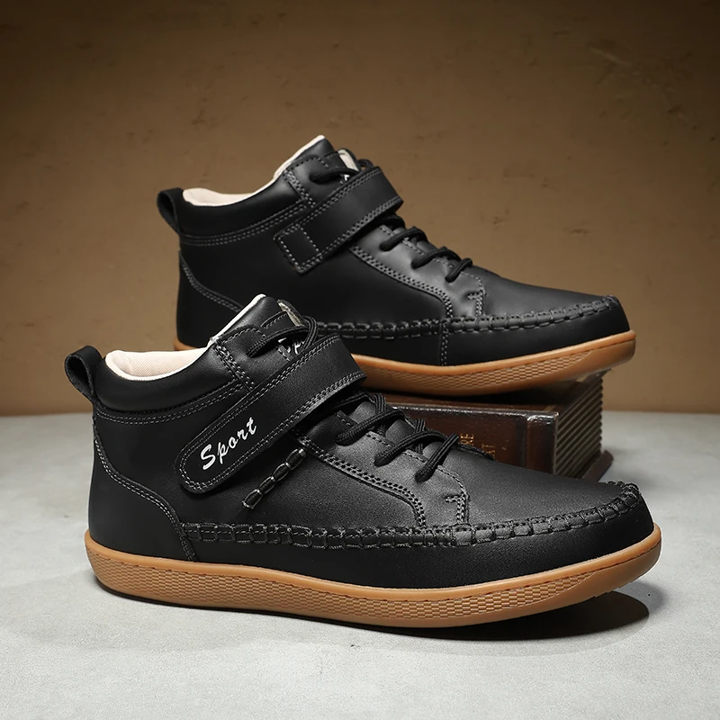 Men Mid Top Wide Toe Casual Ankle Shoes Hook & Loop Strap Sneakers Wide Fat High Instep Footwear Rubber Non-slip Sole Daily Shoe