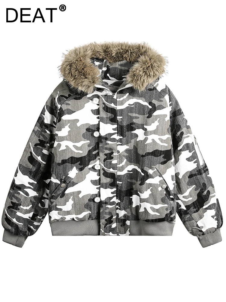 DEAT Fashion Camouflage Cotton-padded Coat Women's Fur Hooded Loose Zipper Thick Quilted Jacket Winter 2024 New Tide CPG2407