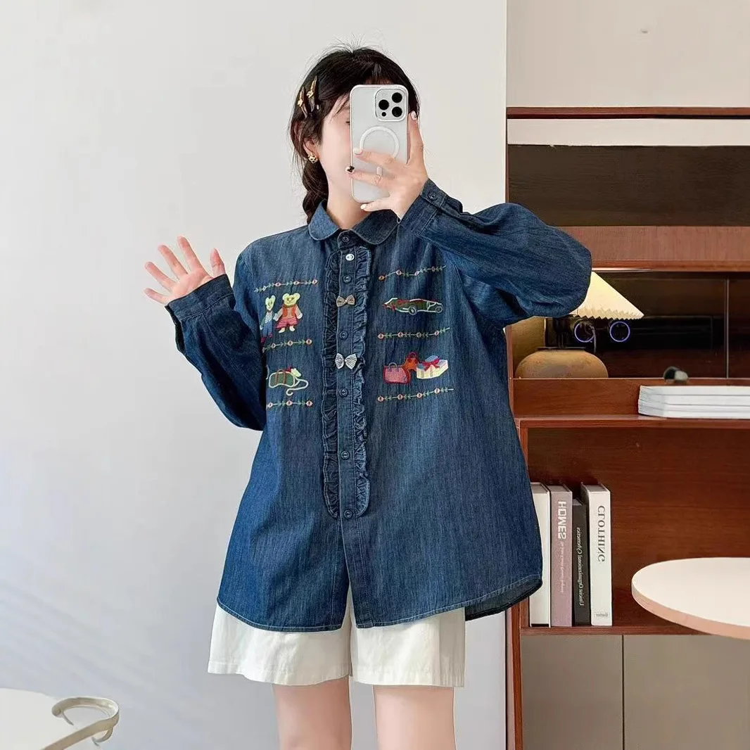 Spring New Japanese Vintage Mori Girl Cartoon Bear Embroidery Denim Cotton Shirts Women Turn Down Collar Long Sleeve Casual Tops