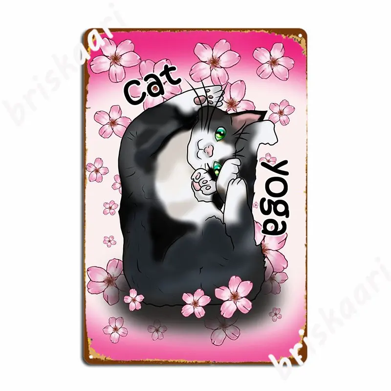 Cute Cat Yoga Pose With Pink Flowers Metal Plaque Poster Plates Club Mural Vintage Tin Sign Poster