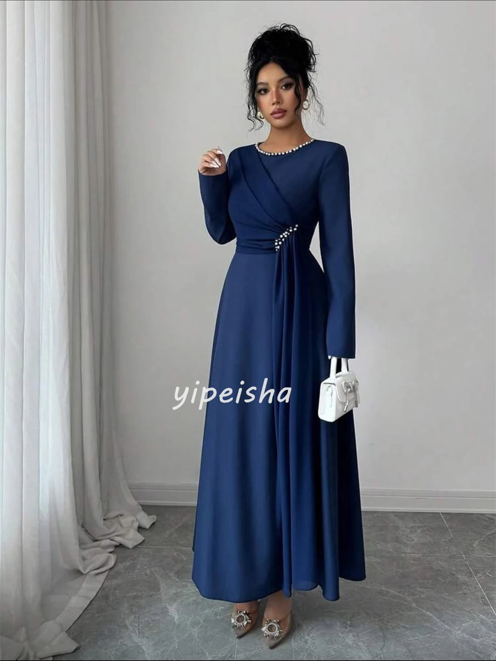 Классический трикотаж в современном стиле по индивидуальному заказу, плиссированные бисером, прямые длинные платья с круглым вырезом, платья на заказ, элегантные подходящие платья