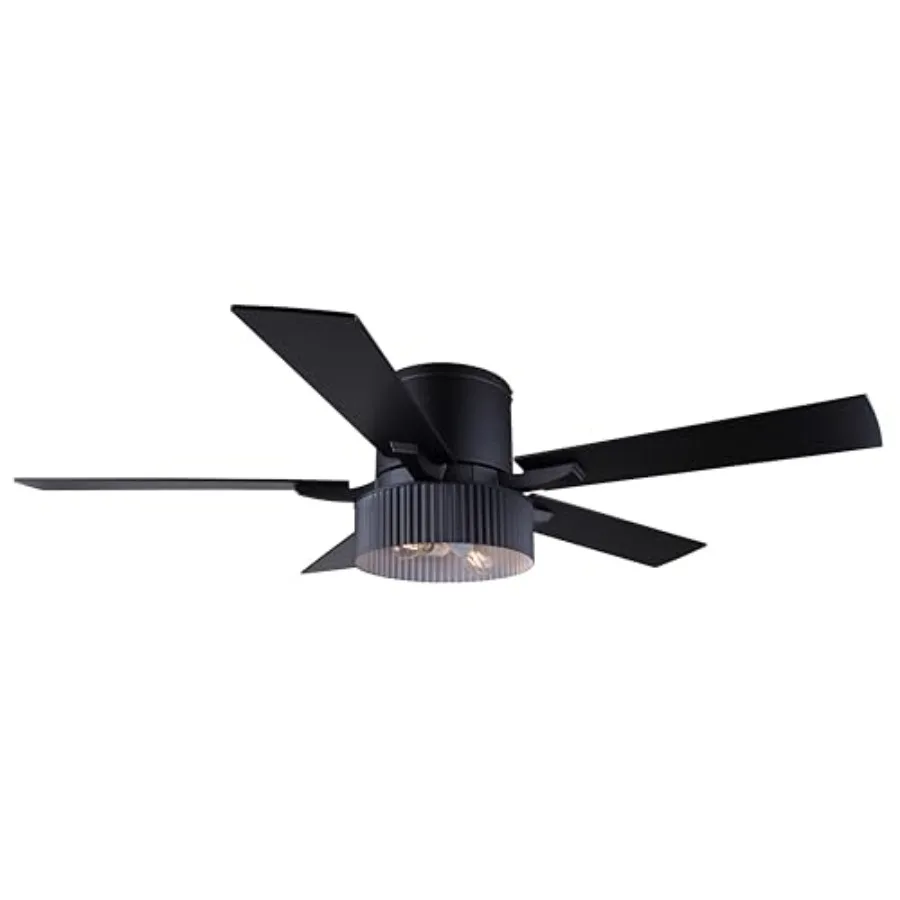 

Ltd REXTON 52 Hugger Ceiling Fan, Matte Black, 5-Blade, Ribbed Drum Shade, Handheld Remote, 2-Light Vintage LED Bulbs Included,