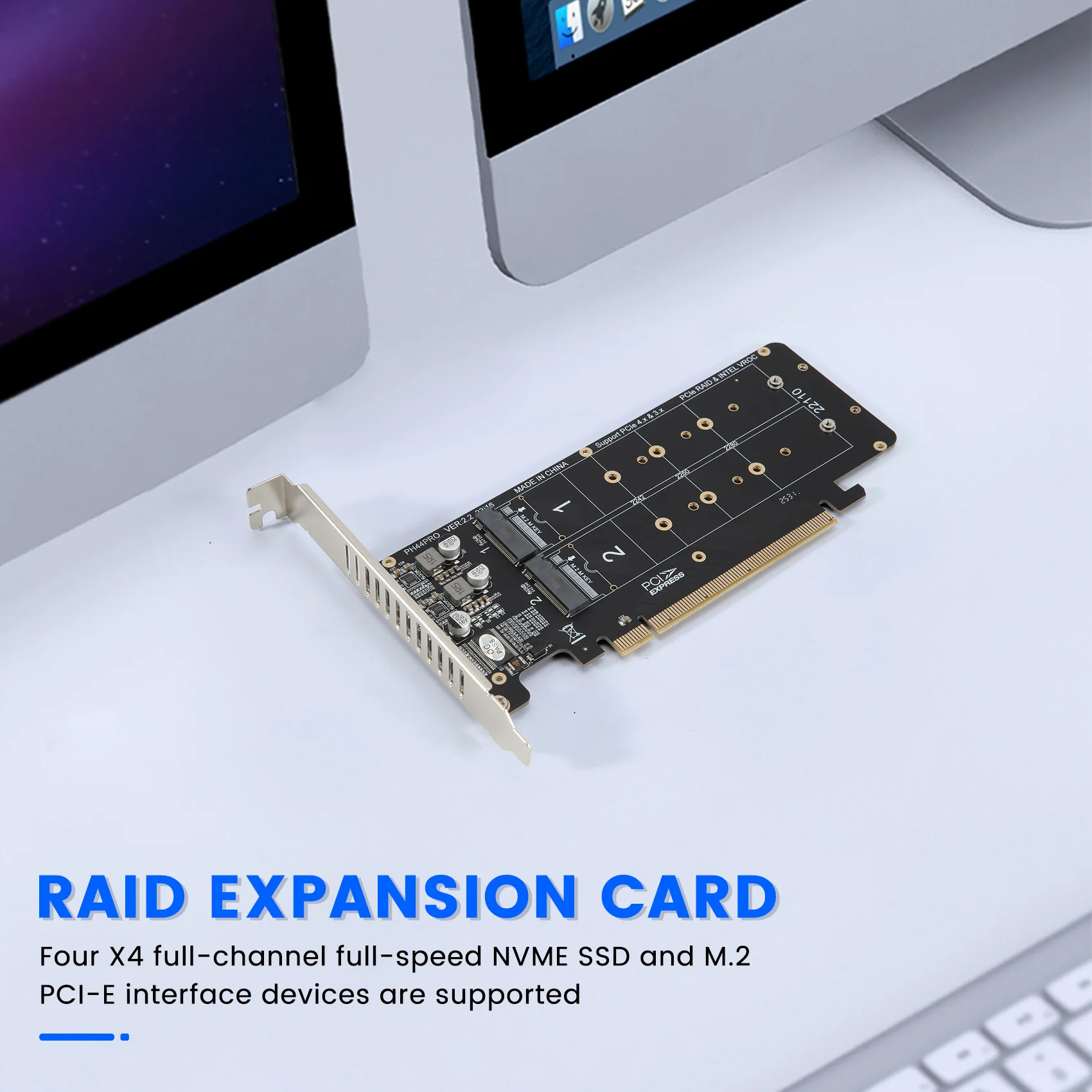 N86R PCIE 4.0 Dual-Disk PCIeX16 to M.2 M-Key NVME SSD Expansion Card,Supports 4 NVMe M.2 M Key 2280 SSD