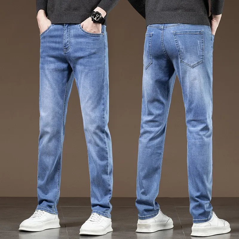 

2025 Новые осенние и зимние джинсы, мужские облегающие эластичные прямые брюки, облегающие деловые повседневные брюки, мужские хлопковые джинсы