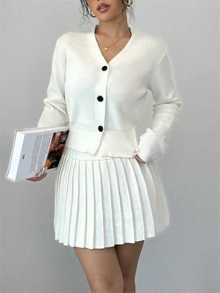 

Vintage Female Knit 2 Piece-Set Pleated Skirts Casual Ribbed Cardigan Sweater And Skirt Sets Female Knitwear Outfits 2024