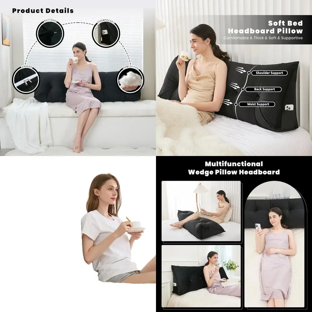 

Black Queen Size Triangular Bolster Cushion Headboard Pillow with Removable Cover for Reading and Resting