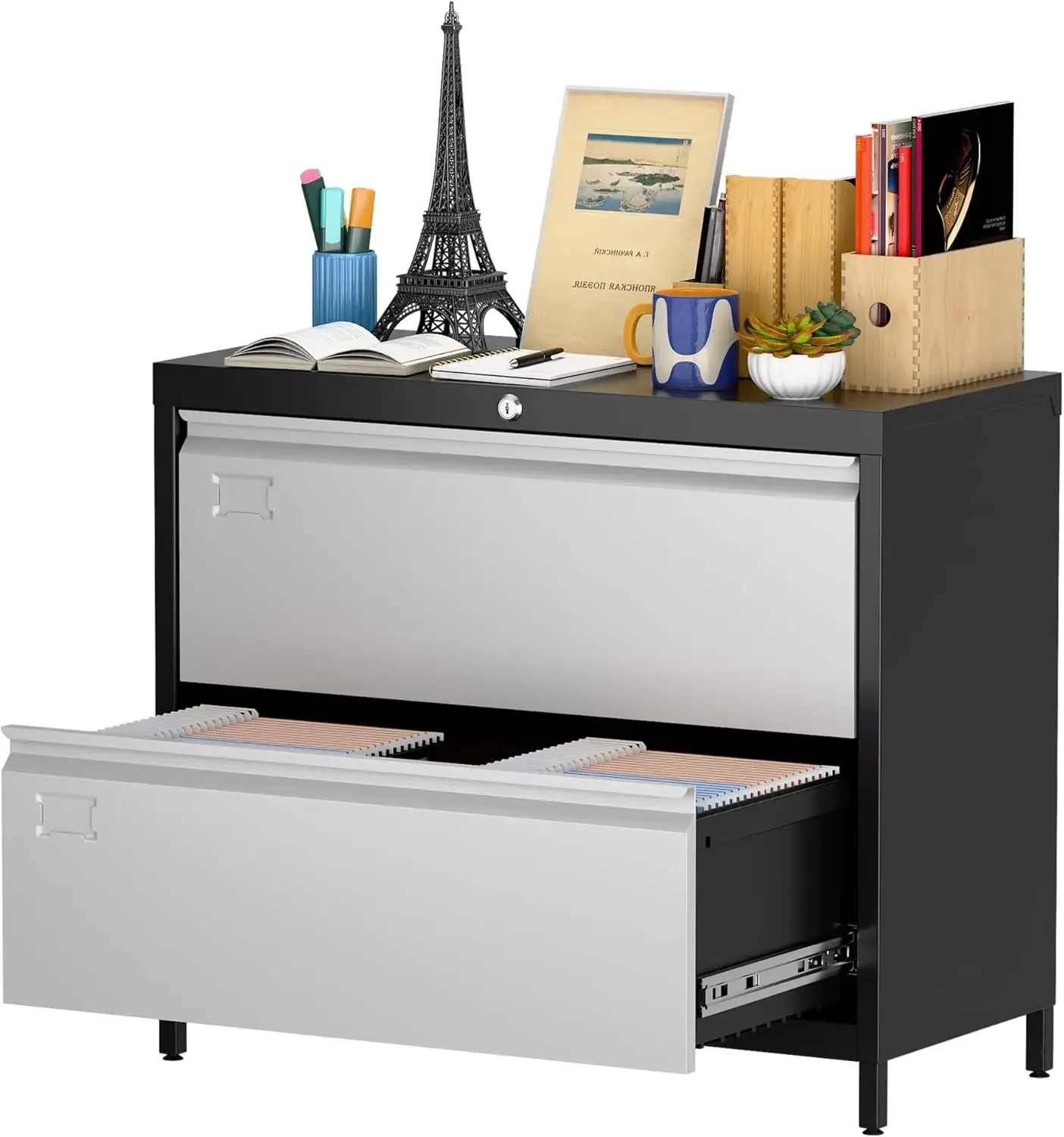 

Боковой шкаф для документов с 2 ящиками, металлический широкий шкаф для документов с замком и слотом для визитных карточек для домашнего офиса, школы, подвешивания